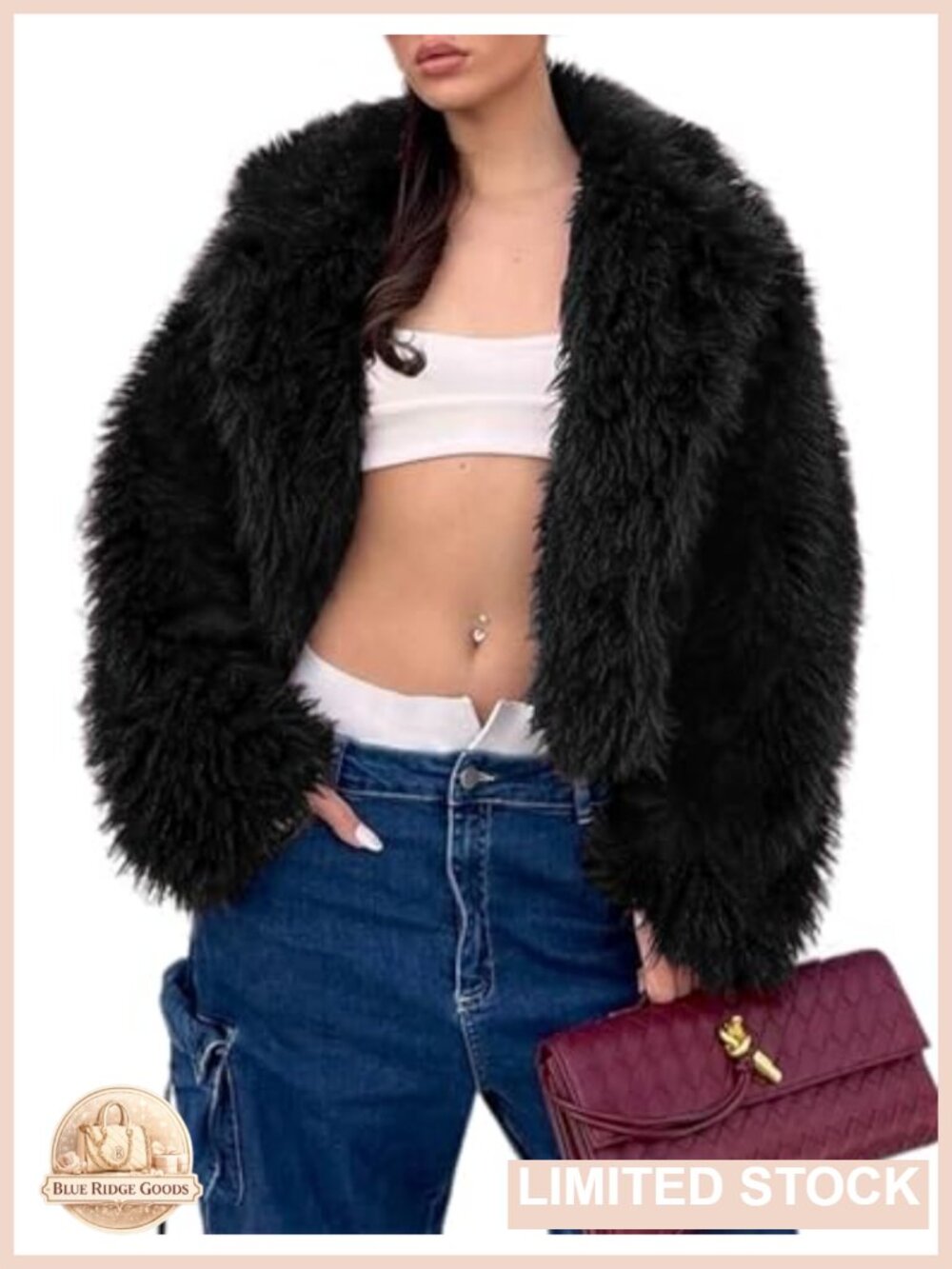 Faux Fur Coat Cropped Lapel Fluffy Jacket Long Sleeve Open Front Fuzzy